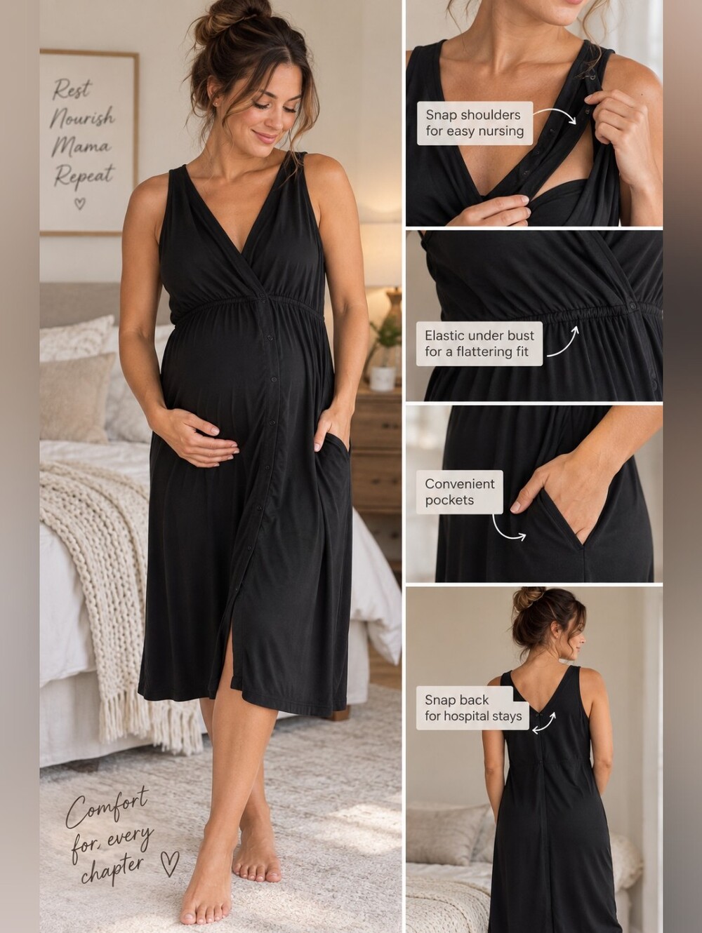 Motherhood Maternity Black Nursing Hospital Gown Dress M